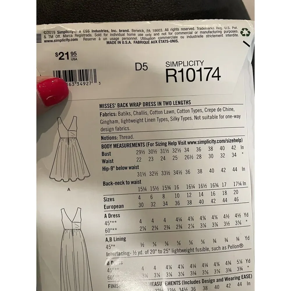 Simplicity R10174 D5 Size 4-12 Misses Dress 2 Lengths UNCUT Cynthia Rowley